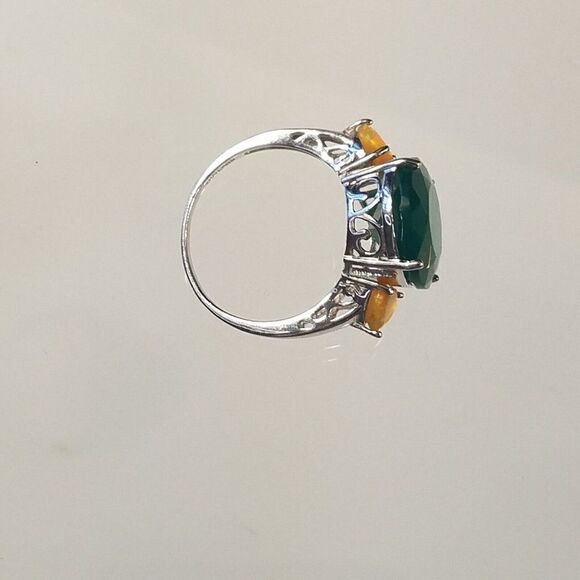 Jadeite w Yellow Tourmaline Gemstone Cocktail Ring Sterling Silver Signed Sz 9 - Picture 6 of 13
